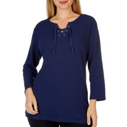 Emily Daniels Womens Lace Up Waffle 3/4 Sleeve Top