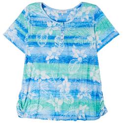 Womens Print Round Neck Ruched Short Sleeve