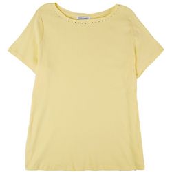 Emily Daniels Womens Solid Embellished Short Sleeve Top