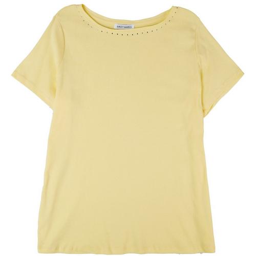 Emily Daniels Womens Solid Embellished Short Sleeve Top