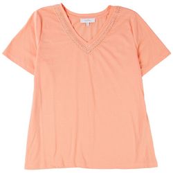 Coral Bay Womens Solid Crochet V-Neck Short Sleeve Top
