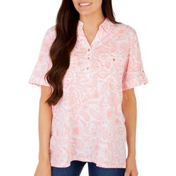 Coral Bay Womens Paisley Button Placket Short Sleeve Polo