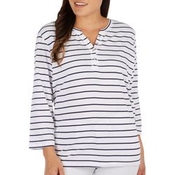 Coral Bay Womens 3/4 Sleeve Striped Henley Top