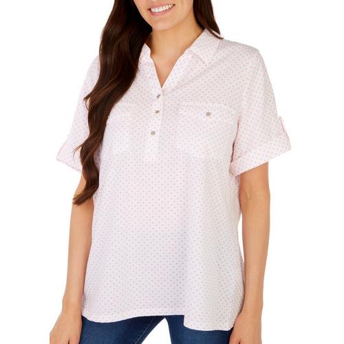 Coral Bay Womens Dot Button Placket Short Sleeve