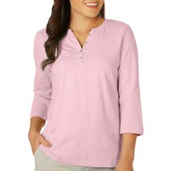 Coral Bay Womens Solid Henley 3/4 Sleeve Top