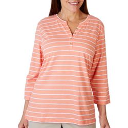 Coral Bay Womens 3/4 Sleeve Striped Henley Top