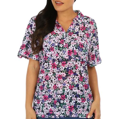 Coral Bay Womens Floral Henley Short Sleeve Polo