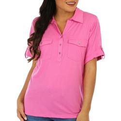 Womens Solid Two-Pocket Short Sleeve Polo