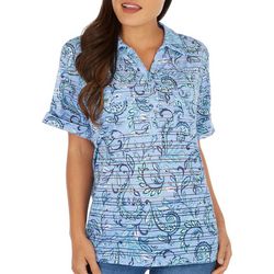 Womens Floral Button Placket Short Sleeve Top