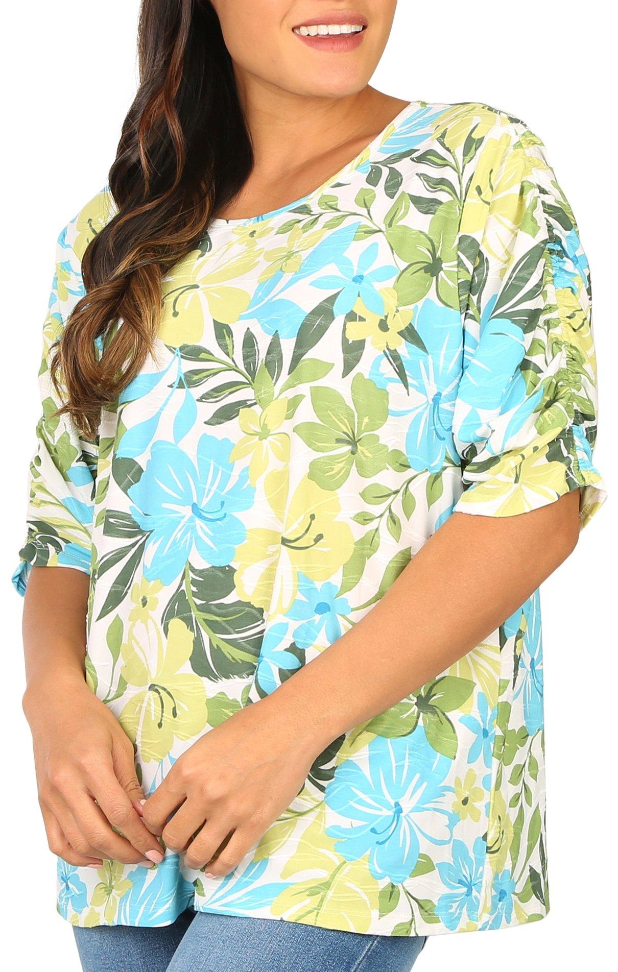Womens Floral Print 3/4 Scrunched Sleeve Top