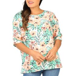 Womens Peachy Floral Print 3/4 Scrunched Sleeve Top