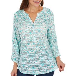 Coral Bay Womens Floral Print Burnout Henley 3/4 Sleeve Top