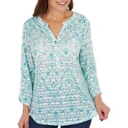 Womens Floral Print Burnout Henley 3/4 Sleeve Top