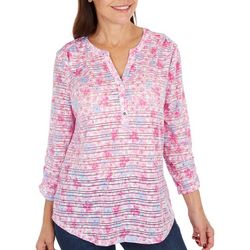 Coral Bay Womens Floral Burnout Henley 3/4 Sleeve Top