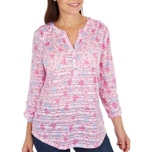 Coral Bay Womens Floral Burnout Henley 3/4 Sleeve
