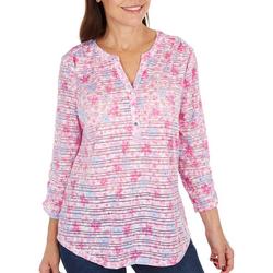 Womens Floral Burnout Henley 3/4 Sleeve Top