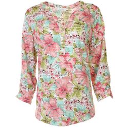 Coral Bay Womens Floral Print Burnout Henley Top
