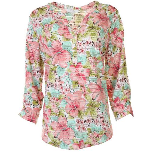 Coral Bay Womens Floral Print Burnout Henley Top