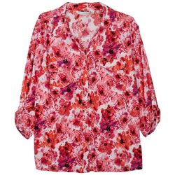 Womens Floral Disco Dot Button Down 3/4 Sleeve Shirt
