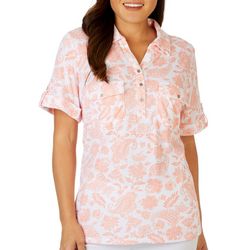 Coral Bay Womens Printed Pattern  Roll Tab Short Sleeve Polo