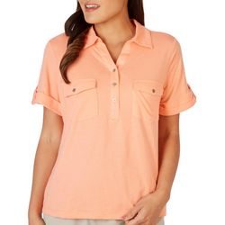 Coral Bay Womens Solid Button Placket Short Sleeve Polo