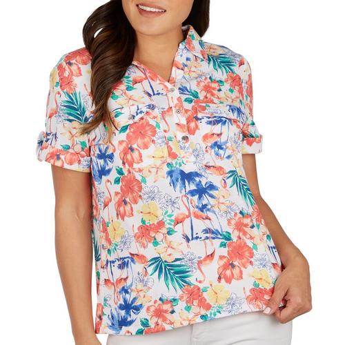 Coral Bay Womens Floral Button Placket Short Sleeve
