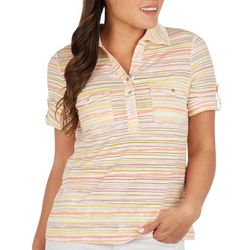 Coral Bay Womens Stripe Burnout Pocket Short Sleeve Polo