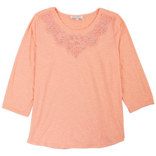 Emily Daniels Womens Embroidery Neck 3/4 Sleeve Top