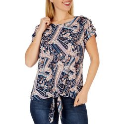 Cure Apparel Womens Print Tie Front Short Sleeve Top