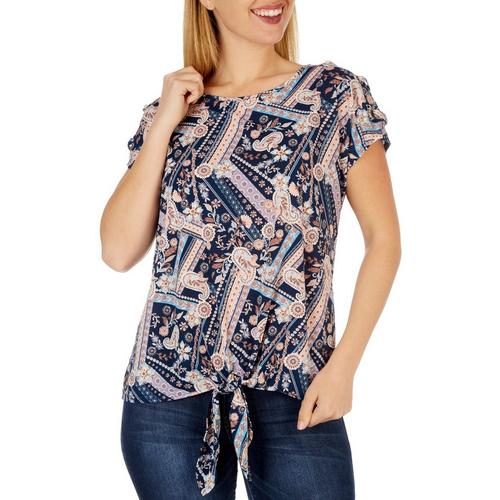 Cure Apparel Womens Print Tie Front Short Sleeve