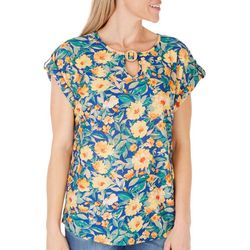 Cure Apparel Womens Floral Coconut Button Short Sleeve Top