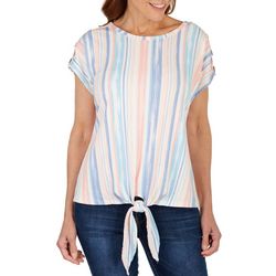 Cure Apparel Womens Striped Short Sleeve Front Tie Top