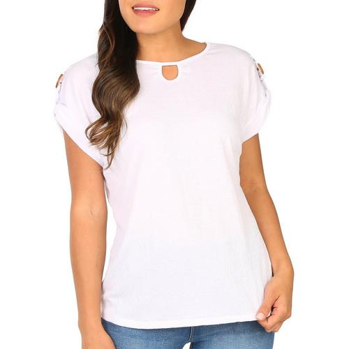 Ladies Solid Textured keyhole Neck Short Sleeve Top