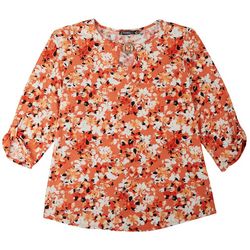 Cure Apparel Womens Floral Button Keyhole 3/4 Sleeve Top