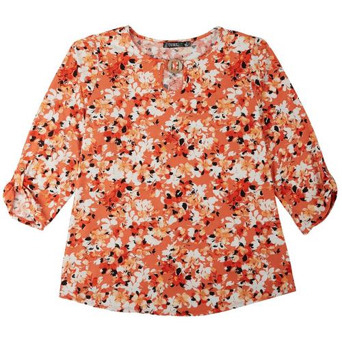 Cure Apparel Womens Floral Button Keyhole 3/4 Sleeve