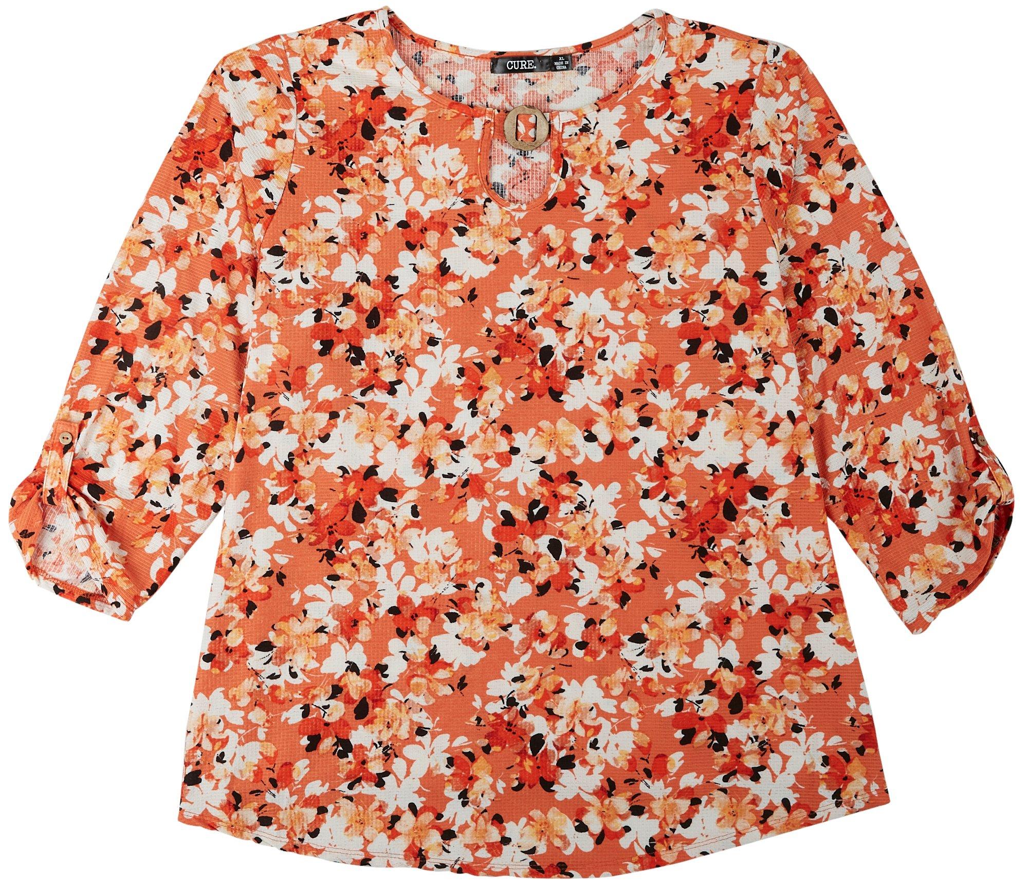 Womens Floral Button Keyhole 3/4 Sleeve Top
