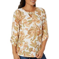Cure Apparel Womens Paisley Button Keyhole 3/4 Sleeve Top