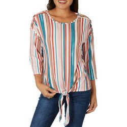 Cure Apparel Womens Striped Tie Front 3/4 Sleeve Top