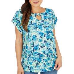 Womens Floral Coconut Button Short Sleeve Top