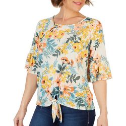 Cure Apparel Womens Floral Print Tie Front 3/4 Sleeve Top