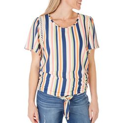 Womens Striped Tie Front Short Sleeve Top