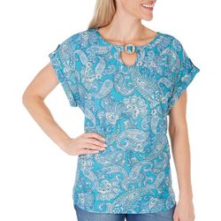 Womens Paisley Coconut Button Short Sleeve Top