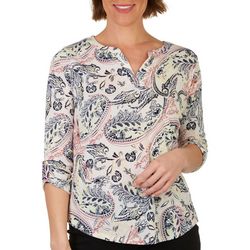 Cure Apparel Womens Print Y-Neck 3/4 Sleeve Top