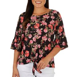 Cure Apparel Womens Floral Tie Front Short Sleeve Top