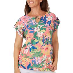 Cure Apparel Womens Floral  Coconut Button Short Sleeve Top