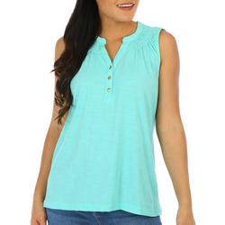 Womens Button Placket Smocked Sleeveless Top