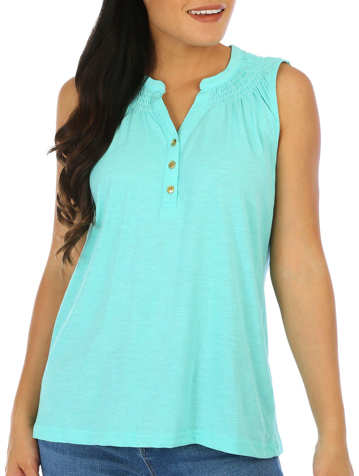 Womens Button Placket Smocked Sleeveless Top
