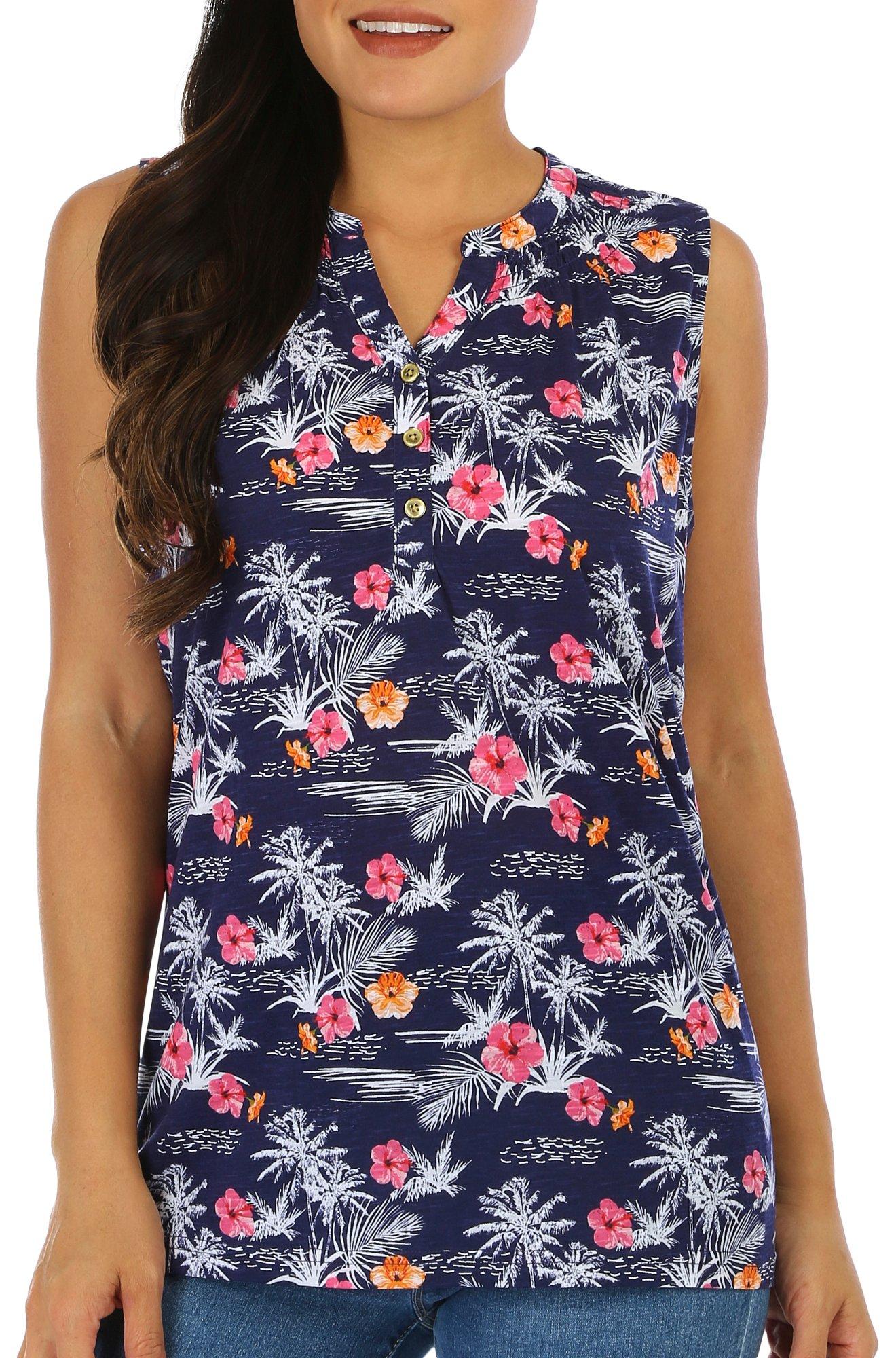 Womens Floral Shirred Sleeveless Top