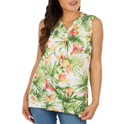 Womens Tropical Smocked Button Placket Sleeveless Top
