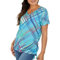 Womens Plaid V Neck Side Cinched Short Sleeve Top